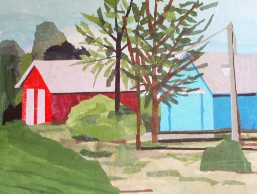 Red Barns on a Blue Farm, Collage with painted tissue (SOLD)