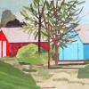 Red Barns on a Blue Farm, Collage with painted tissue (SOLD)