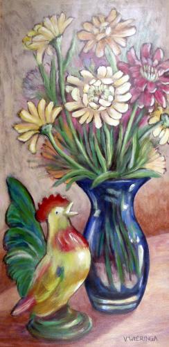 Zinnias and Rooster 2, Acrylic